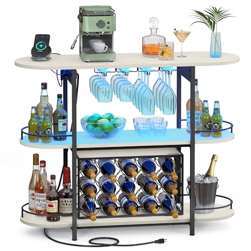 Rustic White LED Coffee Bar Cabinet with Power Outlets and Removable Wine Rack - 14.2 x 39.4 x 36 inches