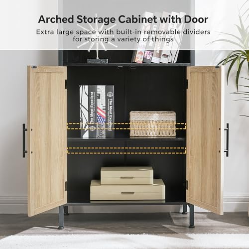 VIPLUMI Arched Bookcase with Doors, 5-Tier Tall Oak & Black, Without Glass Door
