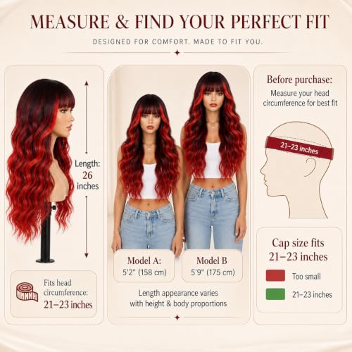 Ombre Red Layered Curly Wavy Wig with Bangs, 26 Inch Long Synthetic Hair - Customizable Bangs