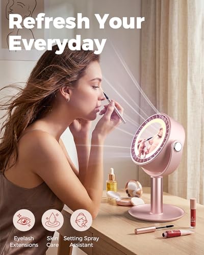Pink 3-in-1 Makeup Fan with Mirror & LED Light, Face Cooling Fan for Skincare & Lash