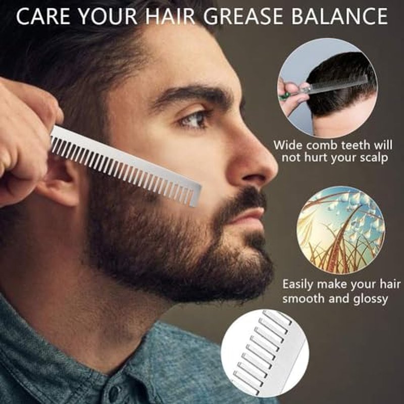 2 Piece Beard Comb, Beard Comb for Men,Folding Mustache Combs for Men, Stainless Steel and Wood Grain Travel Metal Beard Combs,Beard Beauty Tool