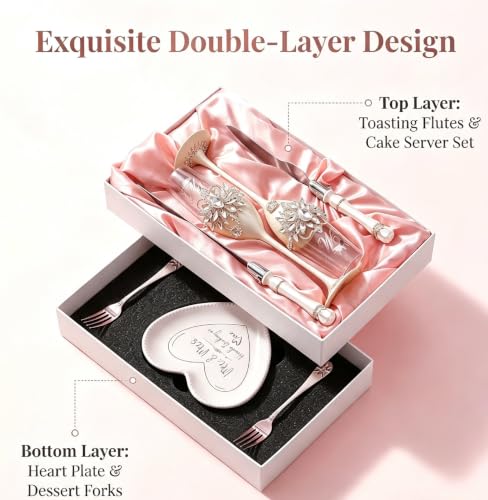 Wedding Cake Cutting Set with Crystal Champagne Flutes - Silver Variation