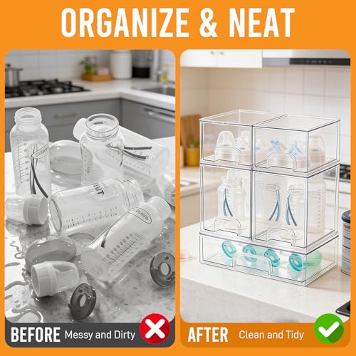 Baby Bottle Organizer Stackable, Acrylic Storage Drawers 5 pack with Non-Slip Pads, Pull-Out Drawers for Baby Bottle, Pump Parts, Pantry, Vanity Countertop (4.4" and 7.6" Tall and 12.1" Wide)