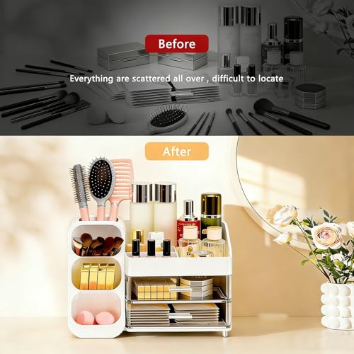 Makeup Organizer Countertop, Spacious Cosmetic Display Case with Makeup Brush Holder, Perfect Vanity Bathroom Organizer and Storage, White