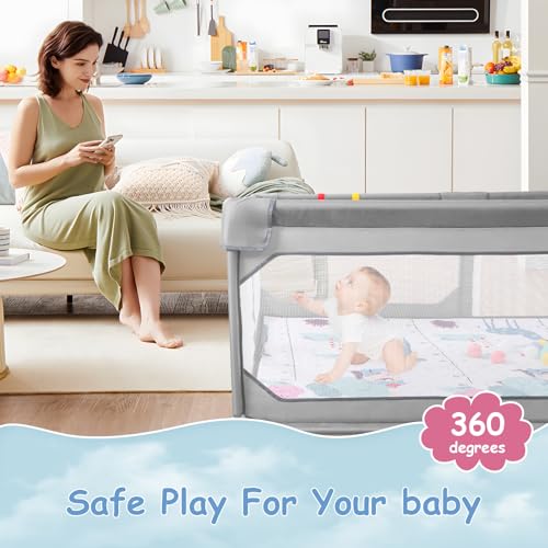 JINXIA Extra Large Baby Playpen with Mat 75x59in Grey, BPA-Free Safety Play Yard