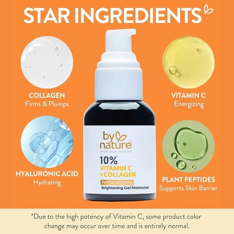By Nature Gel Face Moisturizer - 10% Vitamin C + Collagen Peptide Moisturizer for Face and Neck - Energize and Hydrate Dull Skin + Fade Dark Spots - Dry Skin Face moisturizer Gel