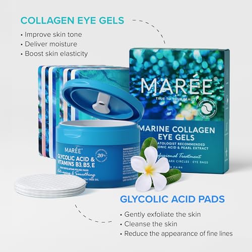MAREE Skincare Bundle - Eye Gels, Facial Polish - Under Eye Gels for Puffy Eyes & Dark Circles - Glycolic Acid Peel Pads - Marine Collagen & Hyaluronic Acid - Salicylic Acid & Vitamins E, B3, B5