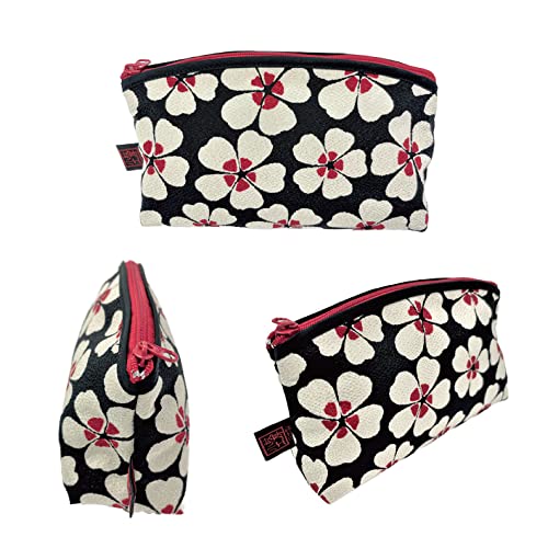 Small Makeup Bag for Purse [ Made in Japan] Traditional Edo Komon Design Cute Cosmetic Pouch (Cherry Blossom (Black))