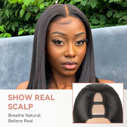 Yaki Straight V Part Wig for Black Women 26 Inch Natural Black 180% Density Glueless Synthetic Hair