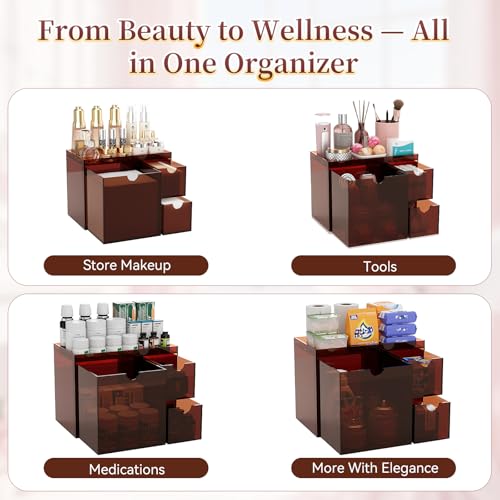 Youdepot Acrylic Face Towel Holder with Drawer ? 4-Layer Disposable Face Towel Holder Organizer Box ? Bathroom Countertop Storage for Cotton Pads, Swabs, and Skincare(Amber)