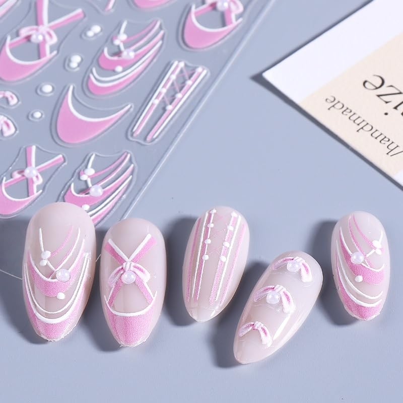4Pcs Colorful Bow Lace Nail Art Stickers 5D Embossed Pearl Nail Decals Nail Stickers for Nail Art French Romantic Bow French Line Nail Design Nails Accessories Pearl Stripes Nails Supplies for Women