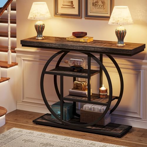 Charcoal Black Industrial Console Table with Circle Base, 4-Tier Narrow Sofa Entryway