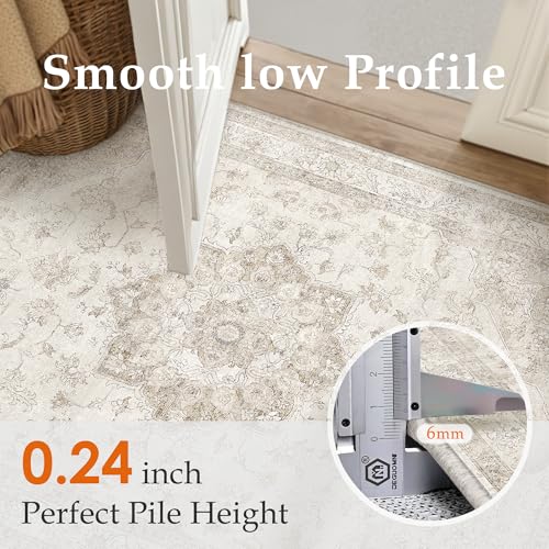 PureCozy Beige Washable Area Rug 8x10 Low Pile Vintage Oriental Carpet