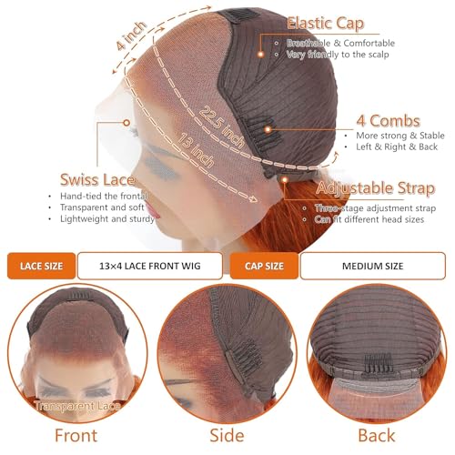 Fiumer 26 Inch Orange Ginger Human Hair Lace Front Wig 13x4 Straight 180% Density