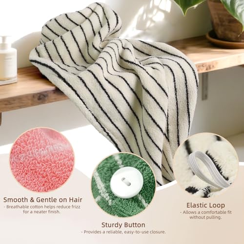Cotton Hair Towel Wrap Set - 3 Colors / 3 Pack for Women, Fast Drying & Anti Frizz, 25x9.5 Inches - Black Pink Green