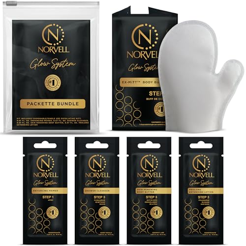 Norvell Glow System Trial Kit ? 5-Step Sunless Tanning Essentials with Exmitt, Primer, Cleanser, Body Butter & Prolong ? Reusable Travel Pouch