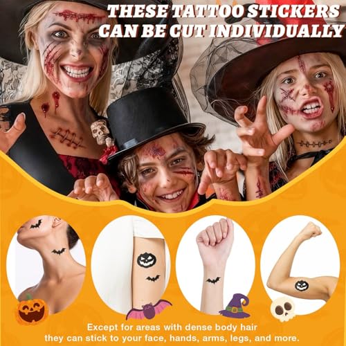 Halloween Face Tattoos, 12 Sheets Halloween Fake Scars Tattoo Makeup Kit, Fake Wound Realistic Blood Injury Cut Scratches Temporary Tatoos for Kids, Adults Men & Women Zombie Sticker