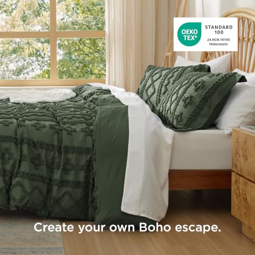 Boho King Duvet Cover Set - Olive Green Tufted Embroidery 3-Piece, Elegant Variation 02