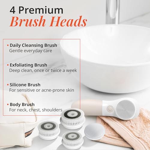 Raedia Handheld Facial Cleansing Brush with 4 Interchangeable Brush Heads by Vanity Planet - Lightweight Daily Cleansing Brush for Glowing Skin - Water Resistant Face Exfoliator - Warm Grey