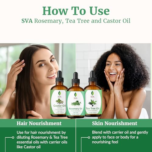 SVA Rosemary Essential Oil, Tea Tree Essential Oil and Castor Oil 4oz Bundle Super Saver Combo ? Premium Grade Value Set for Hair Oiling, Scalp Massage, Hair Care, Skin Care and Body Massage