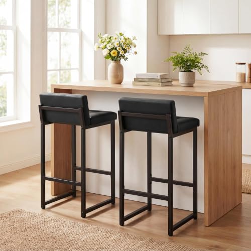 Black Counter Height Bar Stools Set of 2 with Back & Metal Legs - Faux Leather