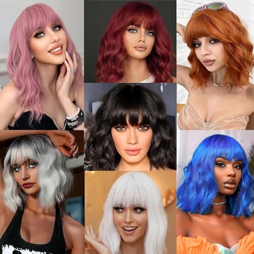 Light Blue Short Bob Wig with Bangs for Women - Wavy Synthetic Cosplay Hair