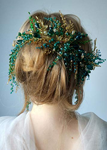 Vintage Wedding Hair Accessory Headpiece with Earrings - Green Beads & Gold Headband