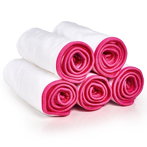 Premium Microfiber Towels - 5 Pack Ideal for Estheticians, Barbers, Salons Extra Thick, High Absorbency, Professional-Grade (White with Pink Border)