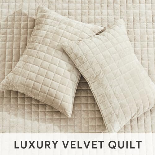 RECYCO King Size Velvet Quilt Set Beige 108" x 96" Channel Box Stitch Luxury Bedding