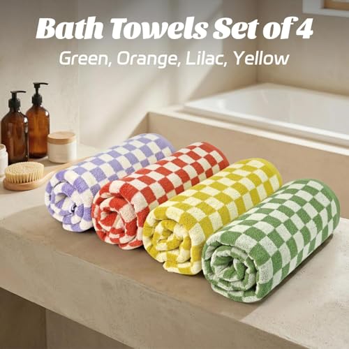 Checkered Cotton Bath Towels Set of 4 - 27.5 x 55 Inches, Multi Colors