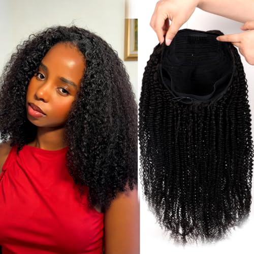 12 Inch Afro Kinky Curly Human Hair Half Wig - Natural Black, Seamless & Glueless, Beginner Friendly