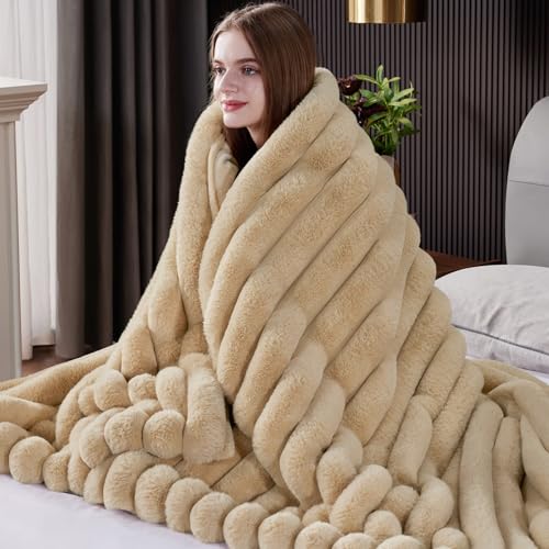 HaloRest Faux Fur Throw Blanket Beige 80x90 Inches - Thick, Plush, Double-Sided Warm Blanket