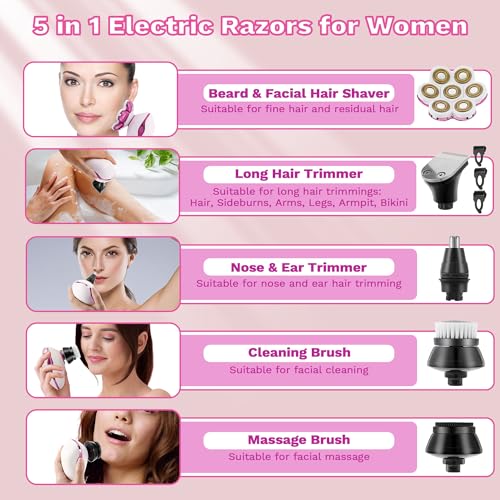 Electric Razors for Women, 7D Electric Shaver for Women, 5 in 1 Lady Shavers, Wet/Dry Bikini Trimmer, Painless Face Razor for Arms Legs Armpit Pubic Area