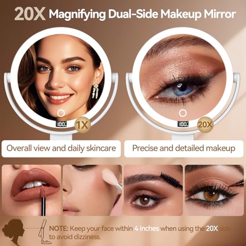 20X Magnifying Mirror Suction Cup with Lights, Wall Mounted Makeup