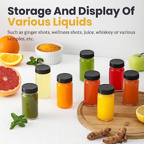 LANDNEOO 30 Pack 2oz Glass Shot Bottles with Black Cap - Wide Mouth, Leakproof, Dishwasher Safe, Travel Essentials