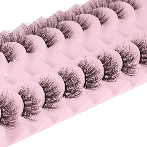 Lashes False Wispy Eyelashes Natural Volume Cat Eye Lash Strips Thick Fake Mink Eyelash Pack Natural Looking Fluffy Full Strip Lashes Set Clear Band Easy Eyelashes for Beginners