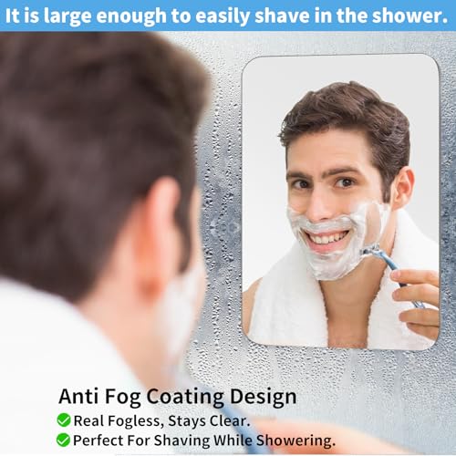 Shower Mirror Fogless Shaving Large(10.3x7.9in) - Includes 2 Razor Holders & 2 Mirror Holders, Unbreakable & Easy Install & NO-Drilling, Fog Free (No Fog) Shower Mirror for Shaving