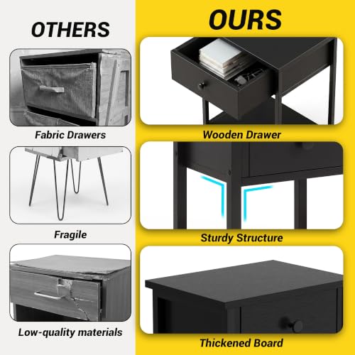 Nightstands Set of 2 with Drawers & Storage Shelves - Black, Modern Bedside Table