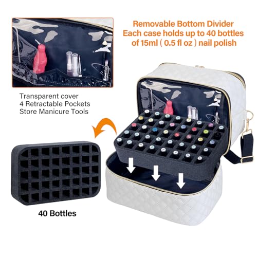 Nail Polish Organizer Case Holds 40 Bottles(15ml/0.5fl.oz) and Nail Lamp, Double Layer Nail Polish Storage with Adjustable Dividers,Portable Carrying Bag for Nail Kit, Manicure Tools Beige