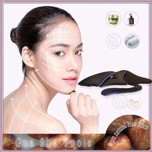 Gua Sha Facial Tools Set of 4 - Premium Bian Stone for Face & Body: Glowing Massage, Daily Skincare Routine, Age-Rewinding, Face Lifting & Slimming Beauty Kit for Woman Man(Black)