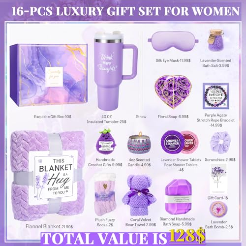 Birthday Gift for Women, Self Care Get Well Soon Gifts, Lavender Relaxing Spa Basket Care Package w/ Flannel Blanket 40 oz Tumbler, Unique Valentines Gifts for Women Mom Her Friend Sister Wife