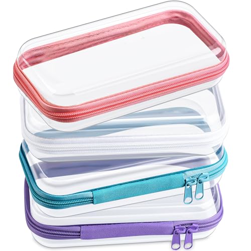 Hoolerry 4 Pcs Hard Clear Zipper Case Makeup Bags Plastic Zipper Pouch Transparent Storage Box Containers for Cosmetics, Snacks, Building Blocks, Puzzles(Clear,7.5 x 3.9 x 2 in,Multicolor)
