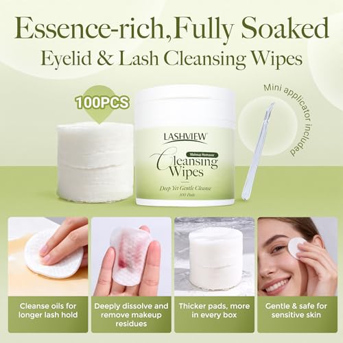 LASHVIEW Makeup Wipes Remover Gentle Eye Makeup Remover Pads Korean Micellar Water Cleansing Wipes, Biodegradable & Oil-Free for Face, Eyes, Sensitive Skin with Applicator, 100ct
