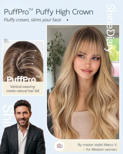 Wigs for Women Long Wavy PuffPro Voluminous High Crown with Bangs - Maple Syrup Brown