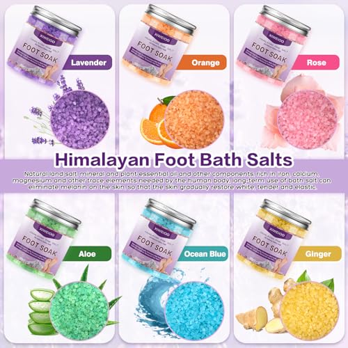 Foot Soak 6 Himalayan Foot Bath Salt Set Orange Lavender Aloe Ocean Blue Himalayan Pink Salt Rose Feet Soak kit with Epsom Salt,Soothe Joint Soreness, Tired Feet, Softens Calluses
