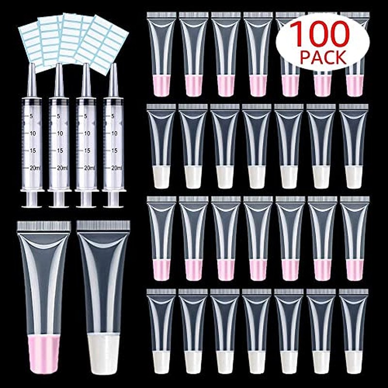 100 PACK 10ml Lip Gloss Tubes with 50 x Pink Caps + 50 x White Caps