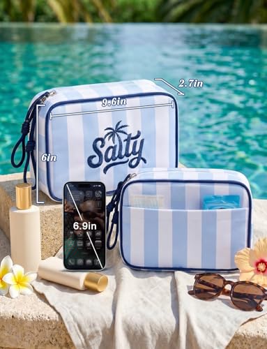Travel Makeup Bag with Embroidered Salty Letter - Blue Striped Cosmetic Organizer for Women, Vacation & Beach Trips