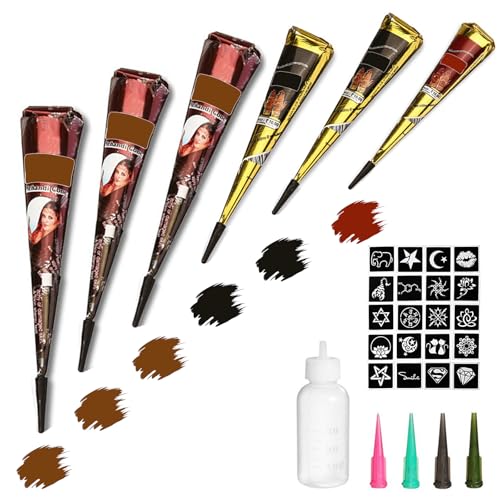 Tattoo Paste Cones, 6Pcs Semi Permanent Temporary Tattoos Kit, India Body DIY Art Painting for Women Men Teen, Summer Trend Freehand Paste with 3 Colors, 20 Adhesive Stencil, 1 Bottle, 4 Nozzles