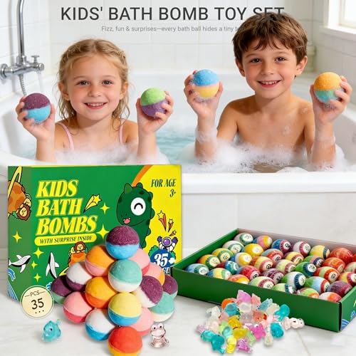 Kids Bath Bombs with Surprise Glow-In-The-Dark Toys - 35 Pack, Natural & Child-Safe