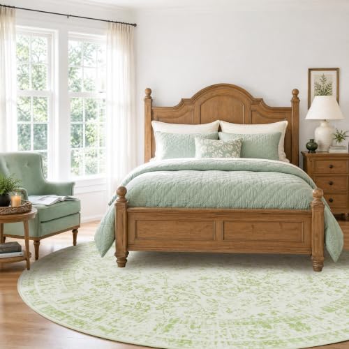 Sage Washable Area Rug 6x6 Vintage Floral Pattern for Living Room - Round 6' Sage Green